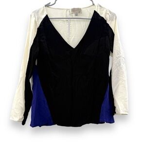 Aryn K 100%‎ Silk Contrast Black, Navy & Cream 3/4 Sleeve V Neck Top Sz S